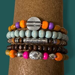 Boho Wooden Bead Bracelets - 5 Piece Set - Stacking Layering - Unisex